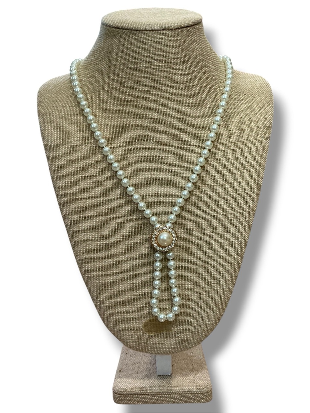 Classic Pearl Lariat Necklace with Gold-Tone Rhinestone Accent Enhancer Pendant - Picture 10 of 10